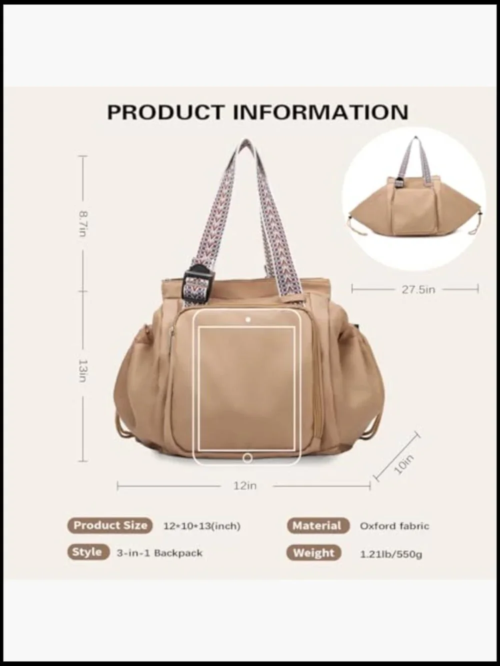 Convertible Backpack Tote 15 Pockets Large Capacity Under Seat Carry On Work